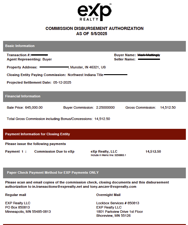 screenshot of a exp realty commission disbursement authorization form