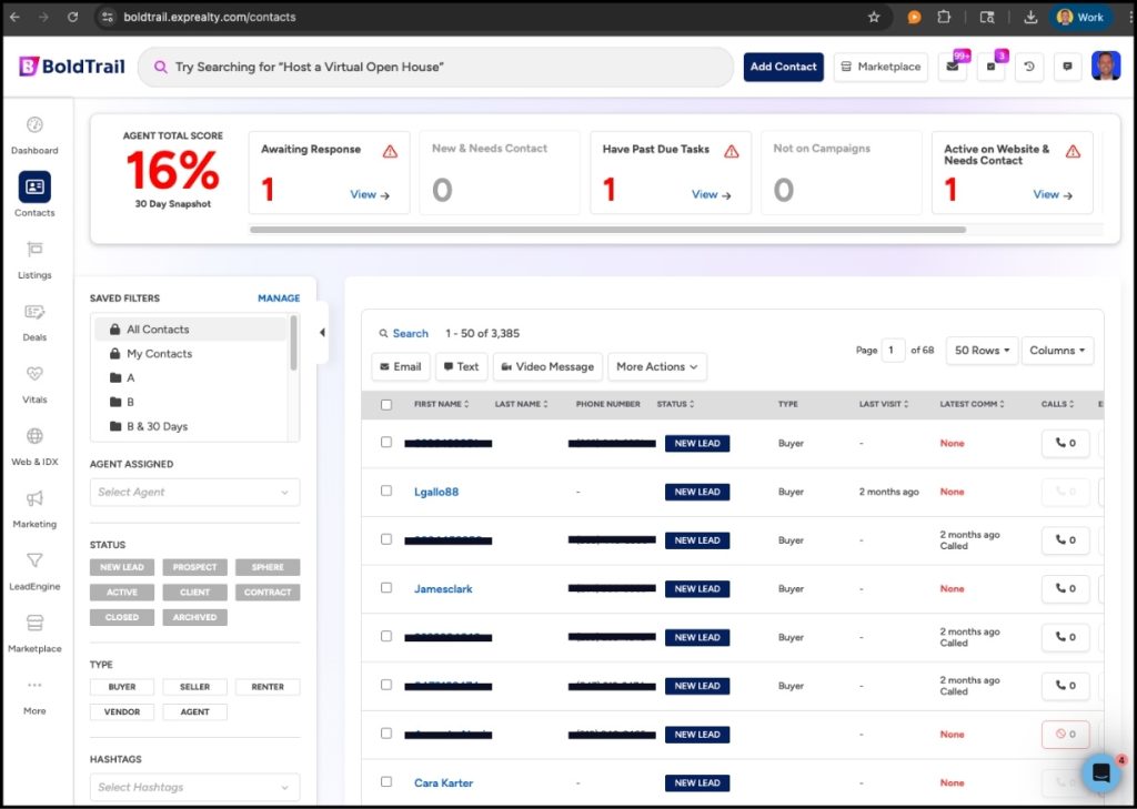 contacts screen of the CRM BoldTrail