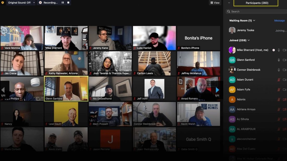 screenshot of a Zoom call of the weekly exp realty wolf pack training call
